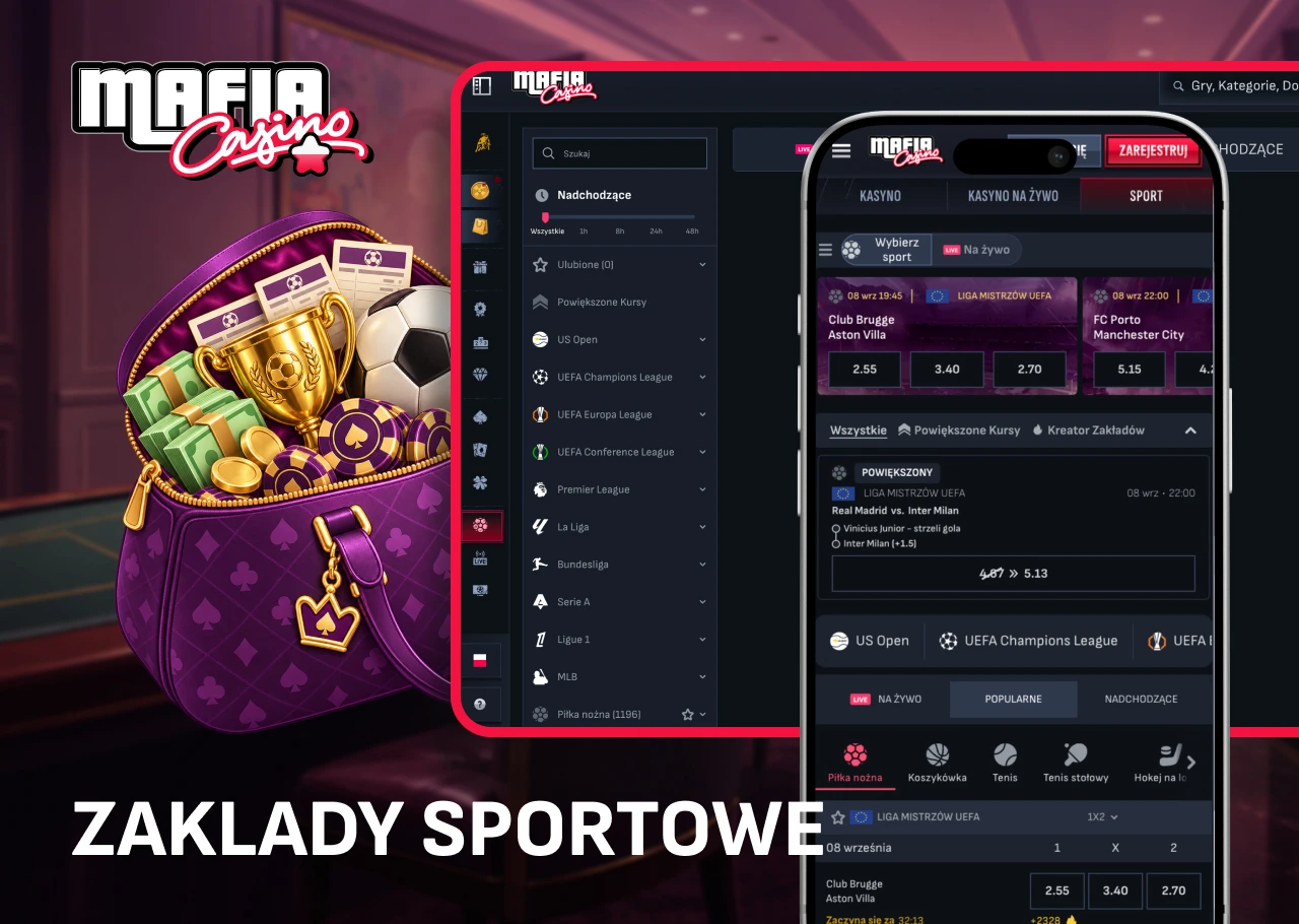 Sekcja zakładów sportowych i linii wydarzeń bukmachera Mafia Casino.