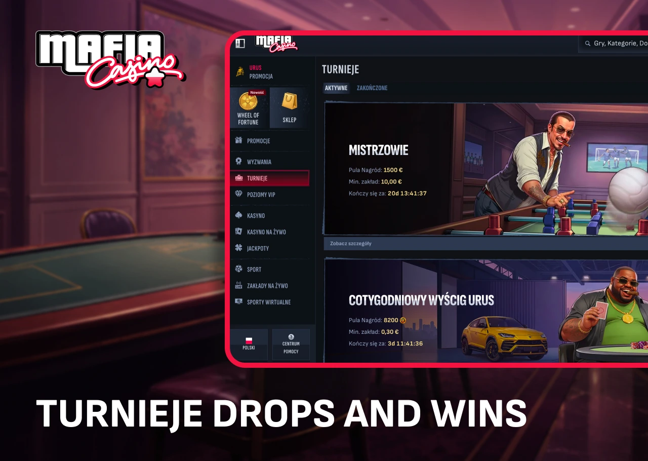 Harmonogram i pula nagród turniejów Drops and Wins w Mafia Casino.